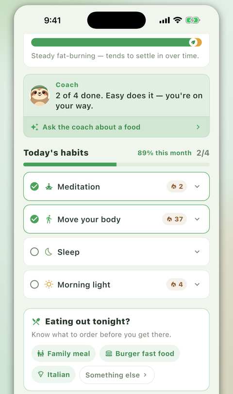 Keto Coach daily screen showing a fat-burning progress bar and today's habit checklist