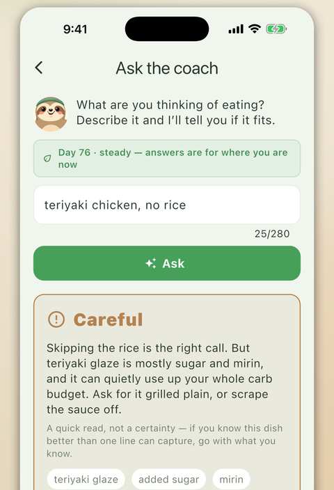 Ask the coach screen: describing a food and getting an instant OK, careful, or no verdict