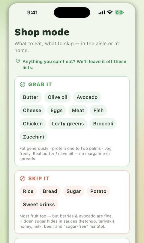 Shop mode screen with grab-it and skip-it grocery lists